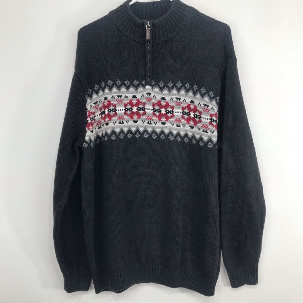 Chaps Charcoal Gray Red Nordic Pattern Mockneck Quarter Zip Pullover Sweater